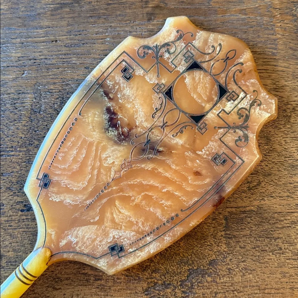Vintage Handheld Celluloid Vanity Mirror- Marbelized Butterscotch Color